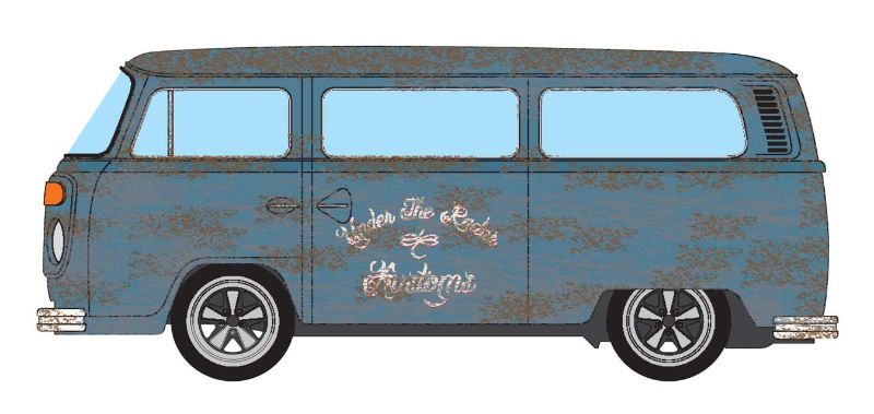 Diecast model of a 1/43 VW Type 2 Camper Bay Rat, featuring detailed design and a classic two-tone finish.