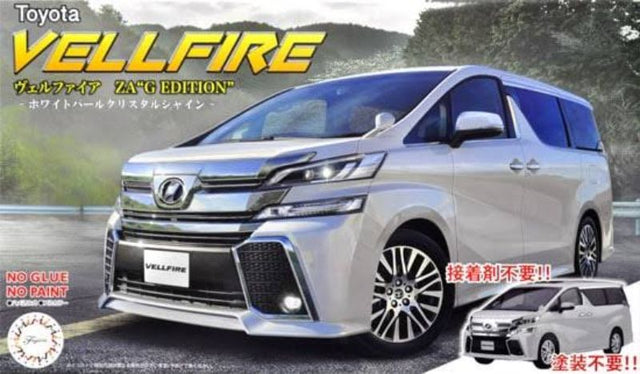 1/24 scale unassembled model of the white Toyota Vellfire ZA G by Fujimi, showcasing intricate details and elegant design.