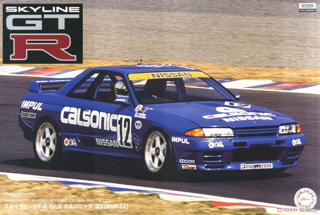 1/12 scale unassembled model kit of the iconic 1991 Nissan Skyline GT-R Gr.A Calsonic by Fujimi, perfect for enthusiasts.