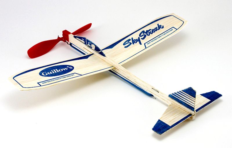 Guillows #50 Sky Streak rubber-powered glider kit, featuring balsa wood construction for easy assembly and aerodynamic fun.
