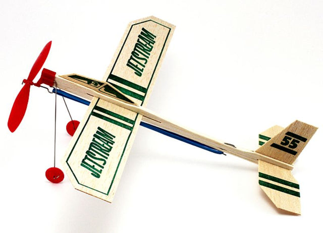 Guillows #55 Jetstream glider kit featuring sleek balsa wood design, ideal for outdoor flying and creative building projects.