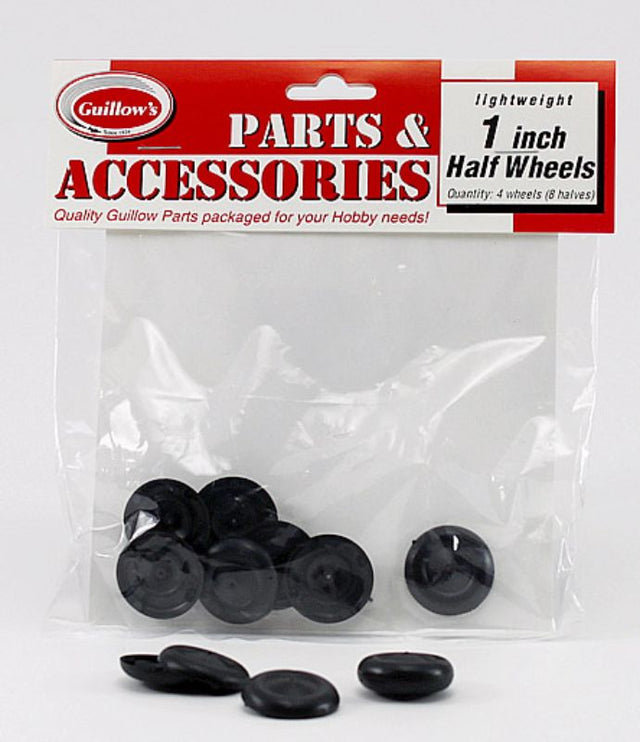Set of 8 durable 1-inch plastic wheels designed for balsa kits and gliders, enhancing model performance and aesthetics.