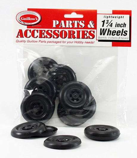Pack of 8 Guillows 1 3/4 inch plastic wheels for balsa model kits, ideal for smooth rolling and stability.