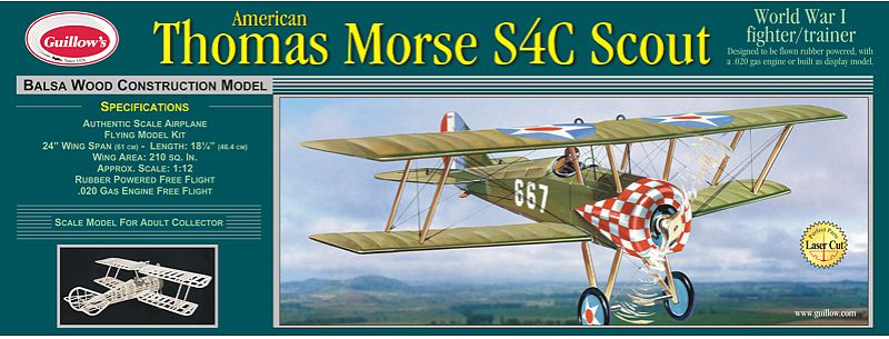 1/12 scale balsa glider kit of WW1 Thomas Morse Scout with 24-inch wingspan, ideal for model building and free flight.