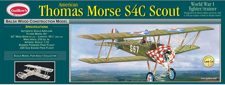 1/12 scale balsa glider kit of WW1 Thomas Morse Scout with 24-inch wingspan, ideal for model building and free flight.