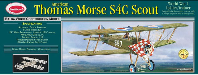1/12 scale balsa glider kit of WW1 Thomas Morse Scout with 24-inch wingspan, ideal for model building and free flight.