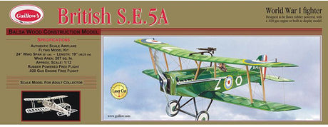 1/12 scale Balsa Glider Kit of WW1 SE-5A, featuring 24-inch wingspan for engaging model building and flight experience.