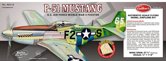 Unassembled Balsa Glider Kit of the P-51D Mustang, featuring a 27¾ inch wingspan for model aircraft enthusiasts.