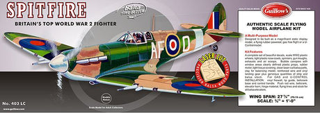 Balsa Glider Kit featuring unassembled 1/16 scale Supermarine Spitfire with 27 5/8" wingspan for model building enthusiasts.