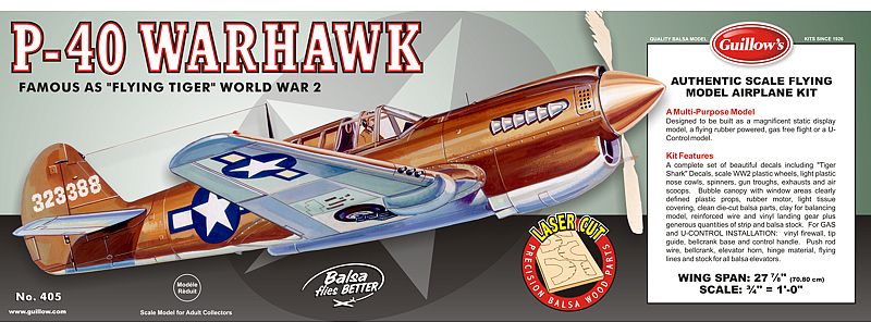 Balsa glider kit of 1/16 scale P-40 Warhawk, inspired by WWII's 'Flying Tigers', features 28-inch wingspan for outdoor fun.