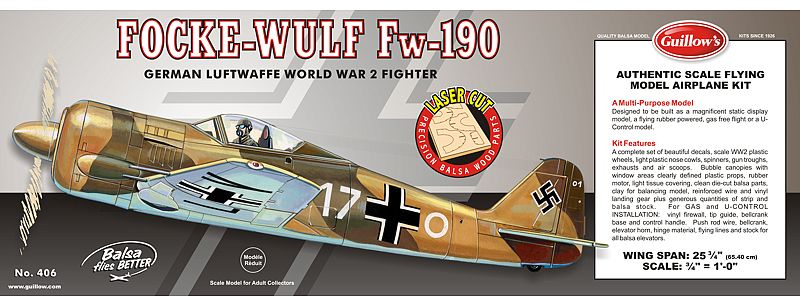 1/16 scale Focke-Wulf Fw-190 Balsa Glider Kit, featuring precision-cut balsa parts and a 25-inch wingspan.