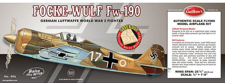 1/16 scale Focke-Wulf Fw-190 Balsa Glider Kit, featuring precision-cut balsa parts and a 25-inch wingspan.