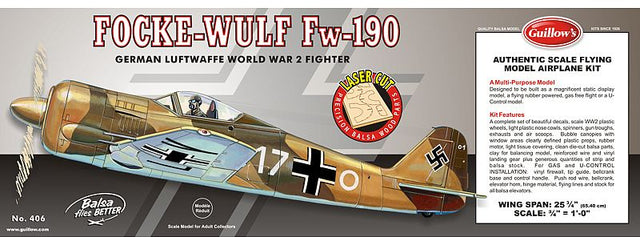 1/16 scale Focke-Wulf Fw-190 Balsa Glider Kit, featuring precision-cut balsa parts and a 25-inch wingspan.