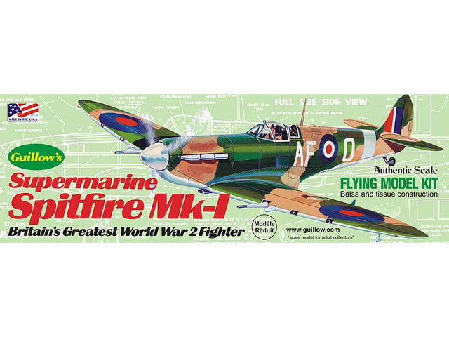 1/32 Spitfire Mk1 balsa model kit by Guillows with 16-inch wingspan, perfect for builders and aviation enthusiasts.