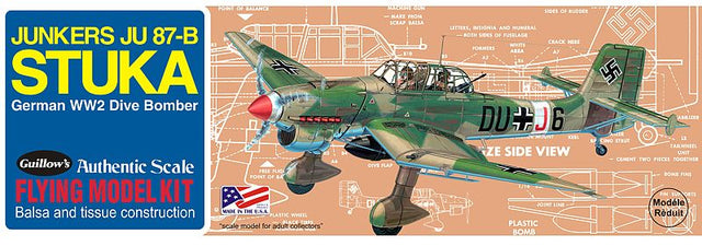 1/32 Ju-87B Stuka balsa model kit by Guillows, featuring a 16-inch wingspan and detailed WWII dive-bomber design.