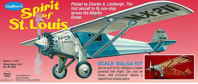 Balsa Glider Kit of the Spirit of St. Louis, 34-inch wingspan, unassembled, ideal for aviation enthusiasts and education.