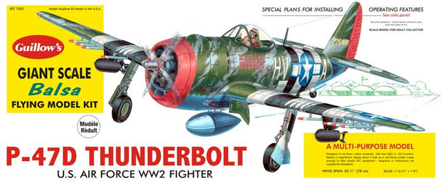 Balsa Glider Kit featuring a detailed 30.5-inch scale model of the WWII P-47D Thunderbolt for aviation enthusiasts.