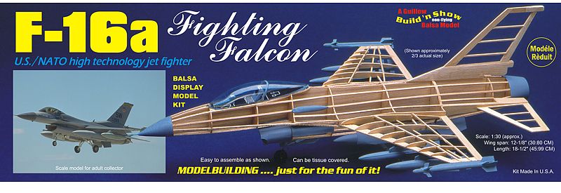 1/30 scale F-16A Fighting Falcon balsa model kit with 12 1/8 inch wingspan, designed for hands-on assembly and creativity.