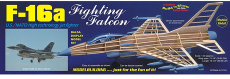 1/30 scale F-16A Fighting Falcon balsa model kit with 12 1/8 inch wingspan, designed for hands-on assembly and creativity.