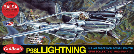 Unassembled balsa model kit of the P-38L Lightning with a 40-inch wingspan, perfect for aviation enthusiasts and learners.