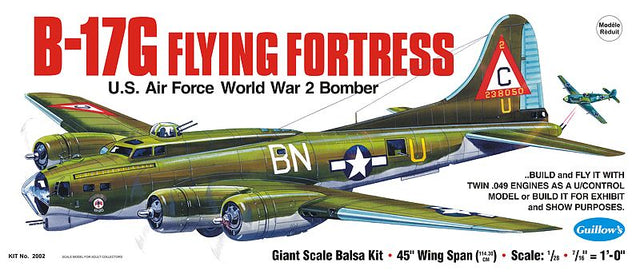Balsa model kit of the 1/28 scale B-17 Flying Fortress with 45-inch wingspan, perfect for model enthusiasts and beginners.