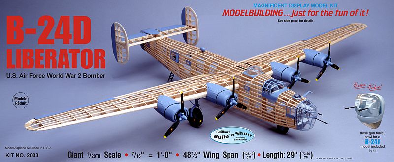 1/28 scale B-24D Liberator balsa model kit with 48-inch wingspan, perfect for aviation enthusiasts and model builders.