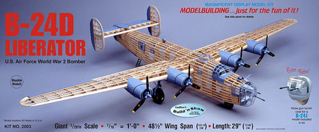 1/28 scale B-24D Liberator balsa model kit with 48-inch wingspan, perfect for aviation enthusiasts and model builders.