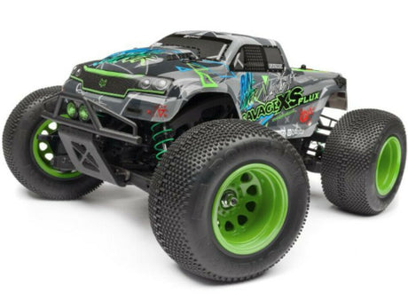 1/10 Savage XS Flux VG Jnr RC truck with geometric livery, powerful motor, and water-resistant features for off-road fun.