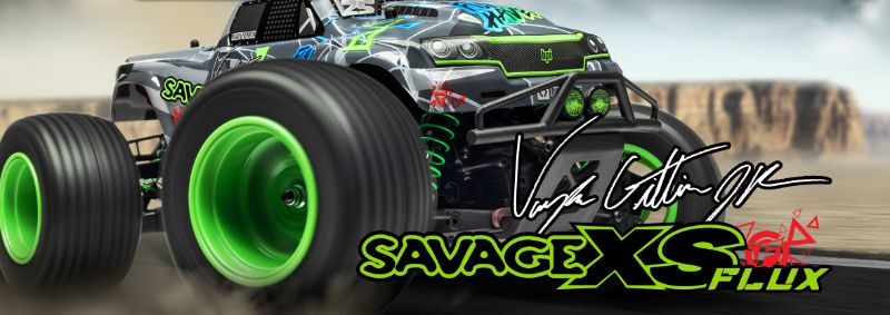 1/10 Savage XS Flux VG Jnr RC truck in geometric livery, featuring brushless motor, 4WD system, and water-resistant electronics.
