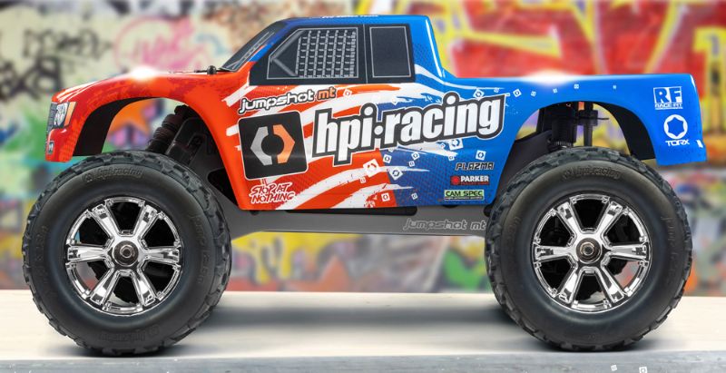1/10 Jumpshot MT V2.0 RC truck with 12-turn motor, durable chassis, large all-terrain tires, and stylish HPI graphics.