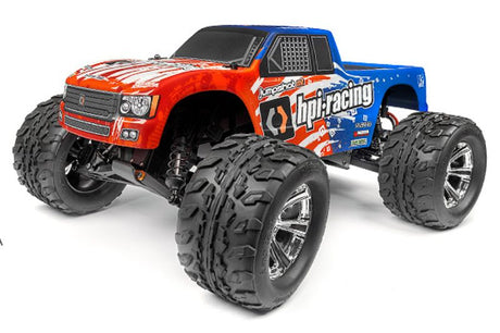 1/10 Jumpshot MT V2.0 RC truck with 12-turn motor, large all-terrain tires, and stylish HPI graphics for extreme off-road fun.