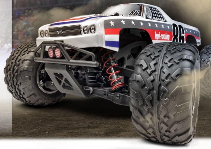 1/10 Savage XS Flux El Camino RC truck with brushless motor, 4WD, and detailed Chevrolet El Camino body, ready for off-road action.