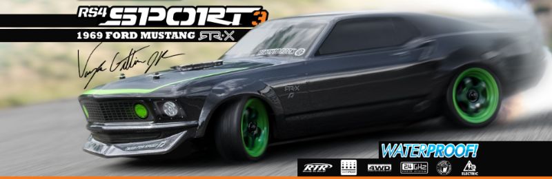 1/10 RS4 S3 '69 Mustang RC car with detailed pre-painted body, racing wing, and complete battery package for thrilling driving.