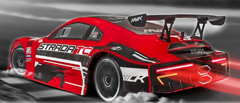 Maverick 1/10 BL Strada TC 350Z RC car with brushless motor, waterproof ESC, and advanced suspension for high-speed racing fun.