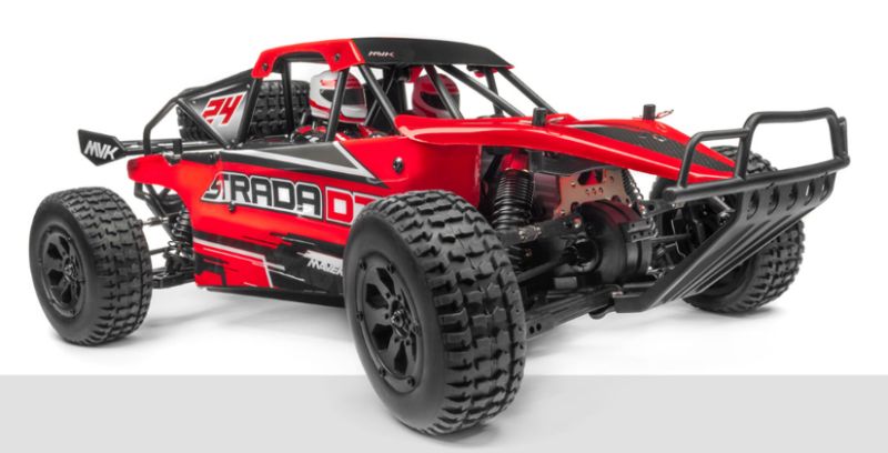 Maverick 1/10 BL Strada DT Desert RC car with brushless motor, waterproof ESC, and realistic roll cage featuring driver figures.