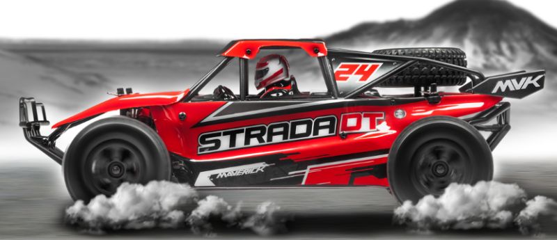 Maverick 1/10 BL Strada DT Desert RC car with durable chassis, brushless motor, and realistic driver figures for off-road fun.