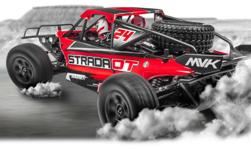 Maverick 1/10 BL Strada DT Desert RC car with brushless motor, waterproof ESC, and realistic roll cage design.