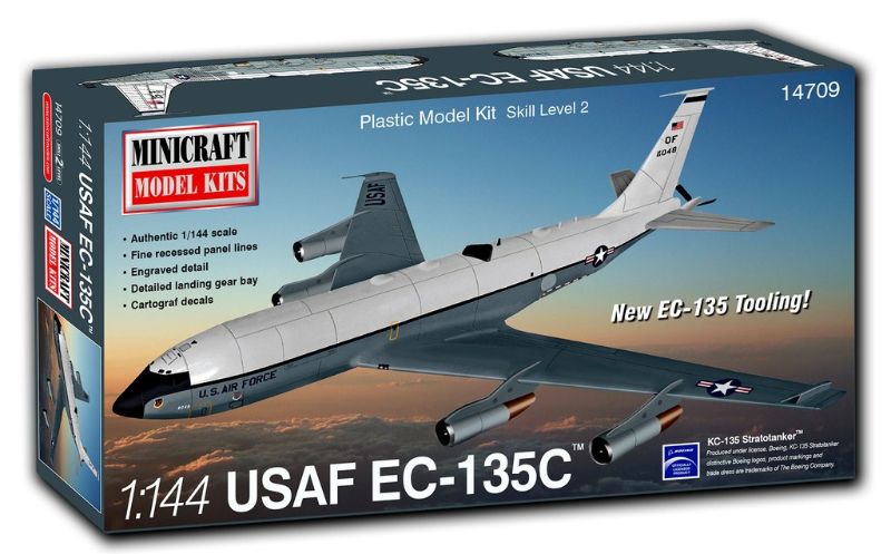 1/144 scale plastic model kit of EC-135C USAF with fine details, landing gear bay, and Cartograf decals for model enthusiasts.