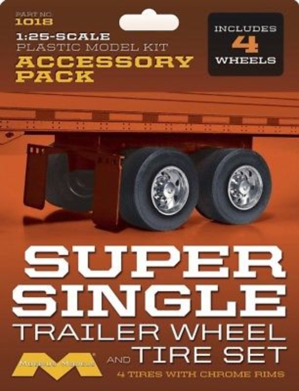 Unassembled Plastic Kitset of 1/25 Super Single Trailer with 4 detailed wheels for model enthusiasts ages 10 and up.