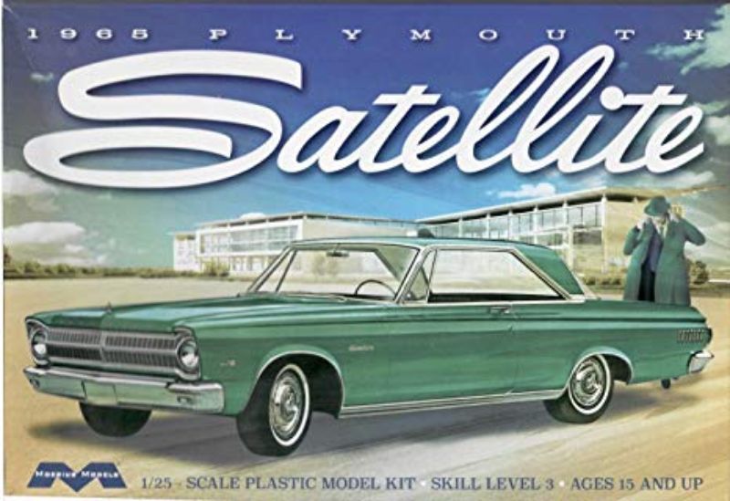 1/25 scale plastic kit of the '65 Plymouth Satellite by Moebius Models, unassembled for creative customization.
