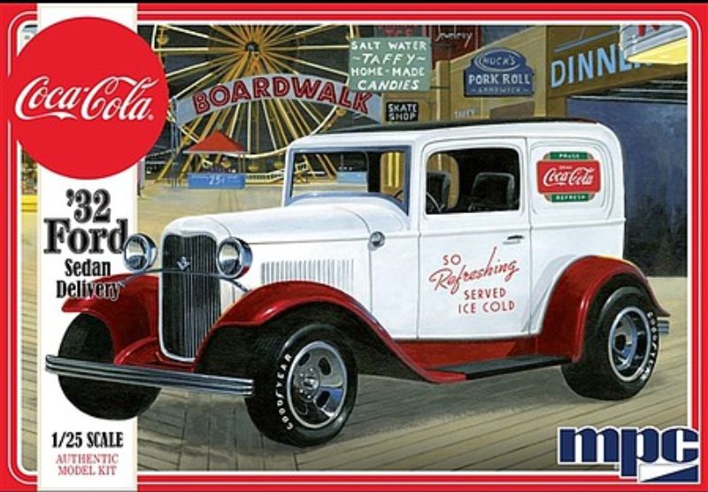1:25 scale unassembled model of a 1932 Ford Sedan decorated with a nostalgic Coca Cola design.