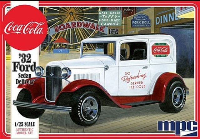 1:25 scale unassembled model of a 1932 Ford Sedan decorated with a nostalgic Coca Cola design.