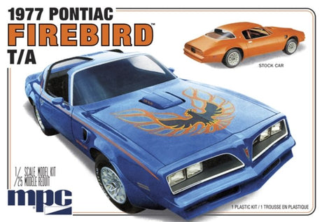 1/25 scale model kit of a 1977 Pontiac Firebird, designed for enthusiasts to assemble and customize.