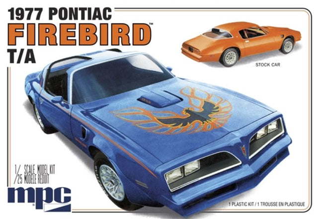 1/25 scale model kit of a 1977 Pontiac Firebird, designed for enthusiasts to assemble and customize.