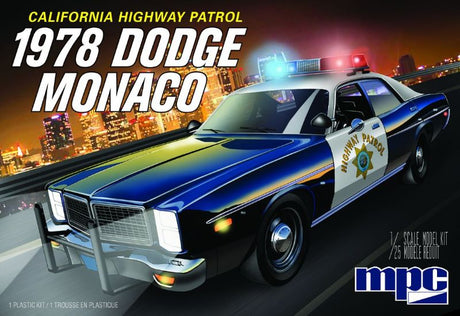 1/25 scale model kit of the 1978 Dodge Monaco CHP Police Car by MPC, ideal for hobbyists and collectors.