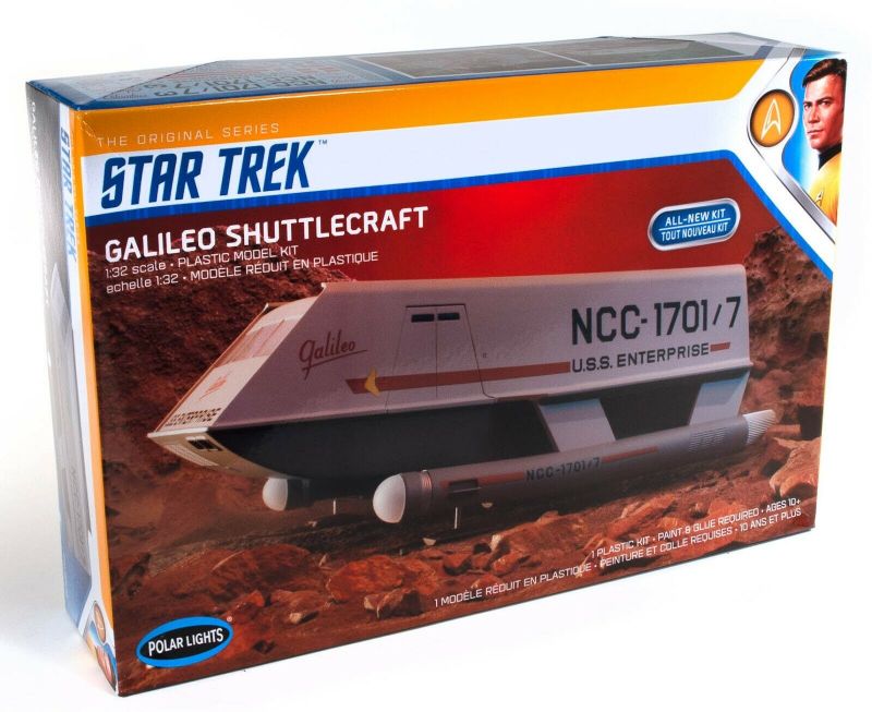 1/32 Star Trek Galileo Shuttle plastic model kit, unassembled, for ages 10+, captures iconic shuttle details for collectors.