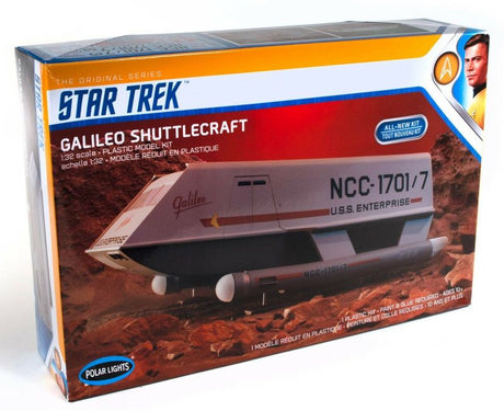 1/32 Star Trek Galileo Shuttle plastic model kit, unassembled, for ages 10+, captures iconic shuttle details for collectors.