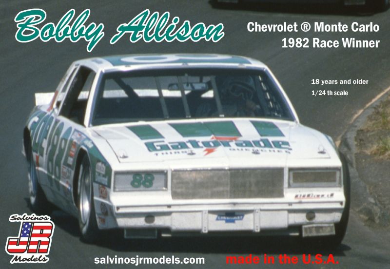 1/25 scale model kit of the 1982 Chevrolet Monte Carlo #88 for collectors and hobbyists, requires assembly and painting.
