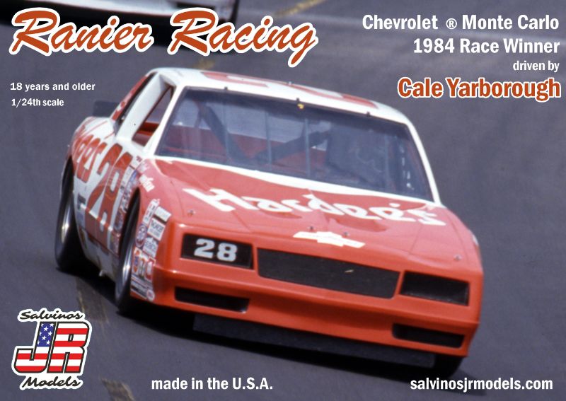 1/25 scale unassembled plastic model kit of the 1984 Chevrolet Monte Carlo #28, featuring detailed components for racing fans.