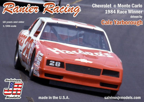 1/25 scale unassembled plastic model kit of the 1984 Chevrolet Monte Carlo #28, featuring detailed components for racing fans.